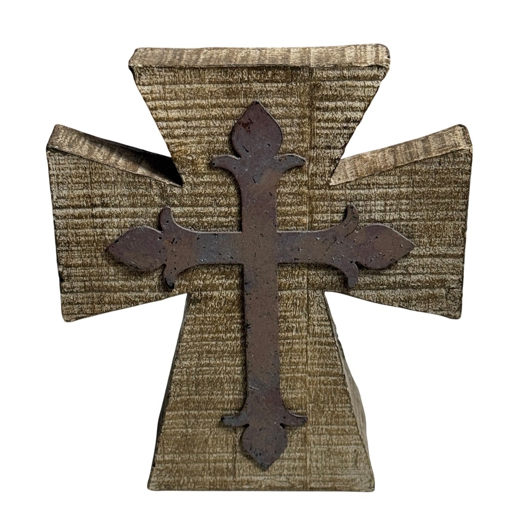 Rustic Faith Wood Look Cross with Metal Overlay Decorative Religious Home Decor